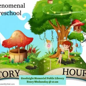 Preschool Story Hour featuring two fairies surrounded by pixie dust beneath a treehouse and toadstool-capped water well.