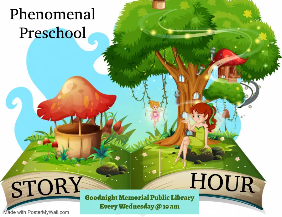 Preschool Story Hour featuring two fairies surrounded by pixie dust beneath a treehouse and toadstool-capped water well.