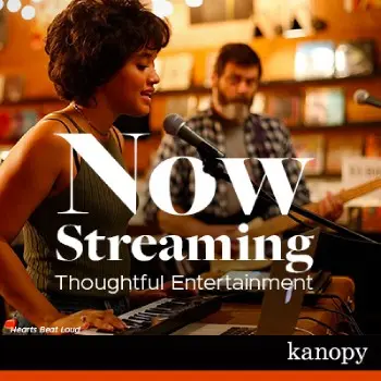 Hearts Beat Loud now streaming graphic. A brunette woman sings and plays keyboard accompanied by a older man.